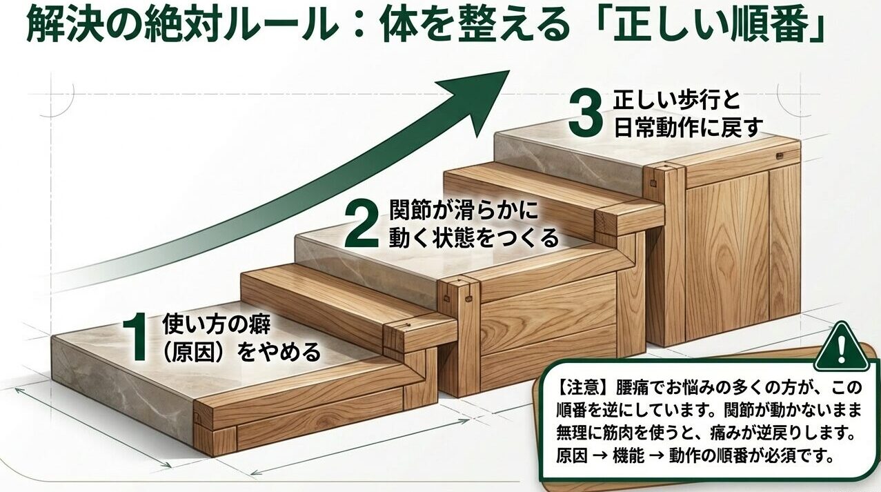 腰痛解決のための手順の図解