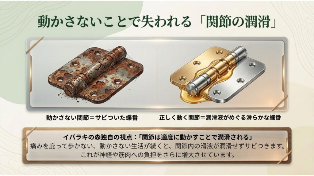 関節の潤滑を、サビついた蝶番を例に説明した図