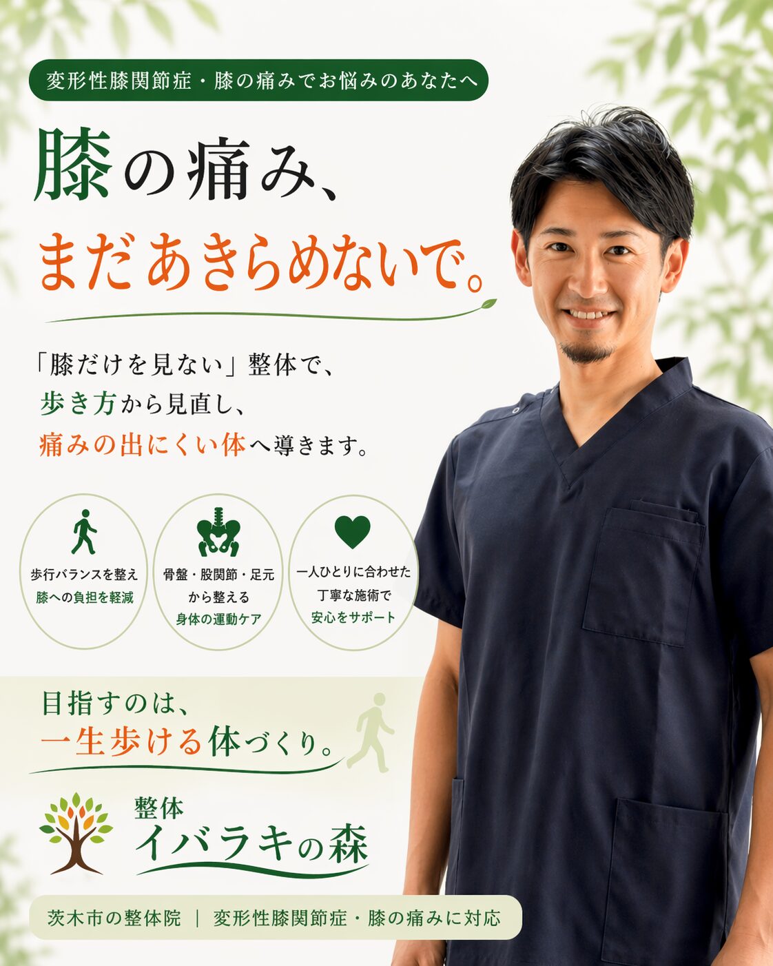 変形性膝関節症や膝の痛みでお悩みの方へ向けた、整体イバラキの森の案内画像